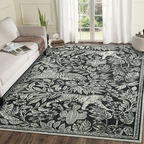 Garvee 5x7 Modern Abstract Print Rugs, Washable Living Room Rug Non Slip Non-Shedding Forest Tiger Floor Rugs Carpet, Soft Stain Resistant Indoor Rug for Dining Room Bedroom, Black
