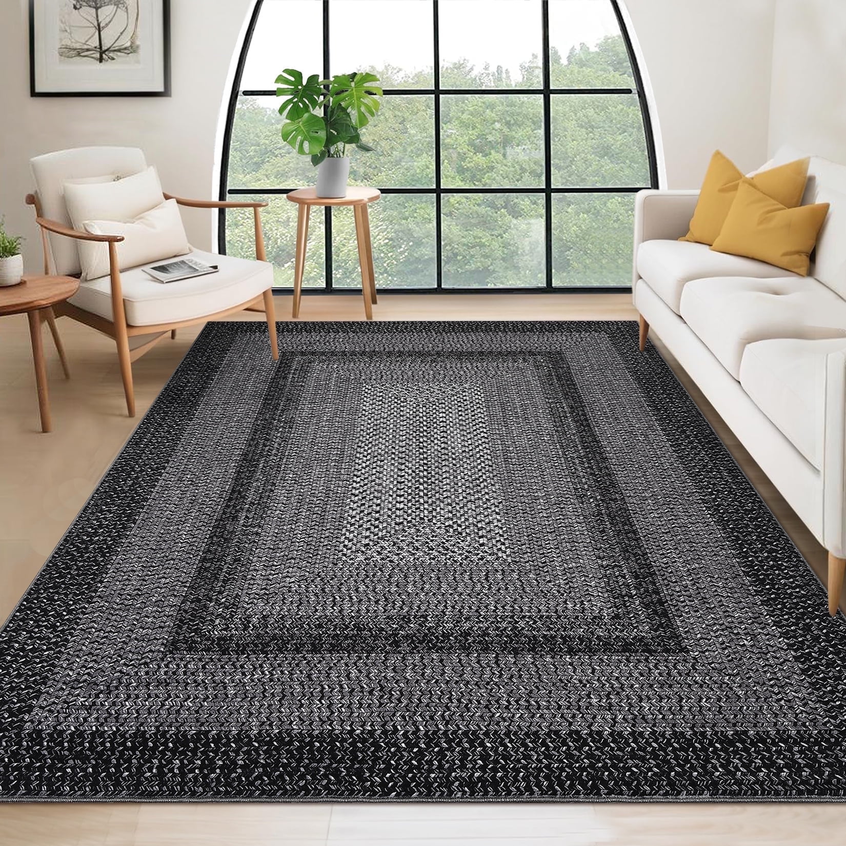 Garvee 5'x7' Printed Braided Rugs Farmhouse Bordered Carpet, Machine Washable Indoor Area Rug Non-Slip Low Pile Rugs for Living Room Bedroom Home Decor, Black