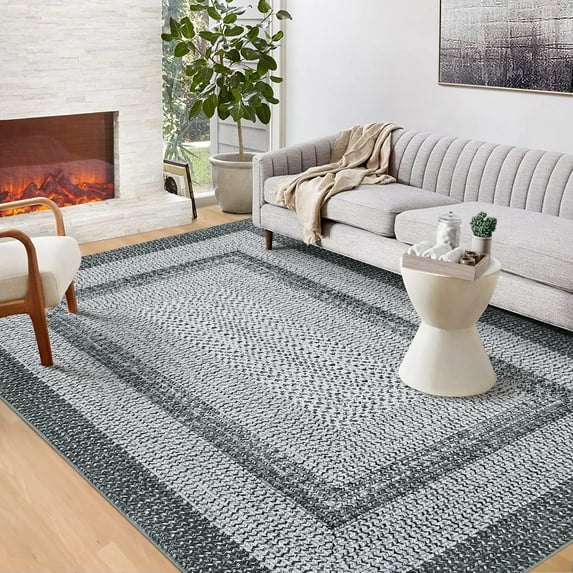 Garvee 5'x7' Rug Braided Print Area Rug Farmhouse Border Rug Geometric Area Rug Stain-Resistant Non-Shedding Accent Rug, Gray