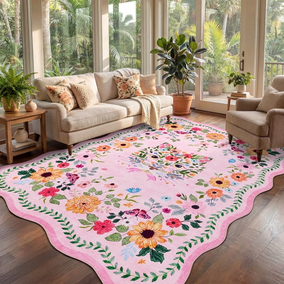 Garvee 5'x7' Scalloped Area Rug Animal Print Carpet, Machine Washable Rug Non-Slip Soft Indoor Mat for Living Room Bedroom Home Office, Pink