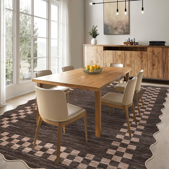 Garvee 5'x7' Scalloped Area Rug, Geometric Neutral Bordered Rugs Washable Rug Stain-Resistant Low Pile Carpet for Living Room Bedroom Home Decor, Brown