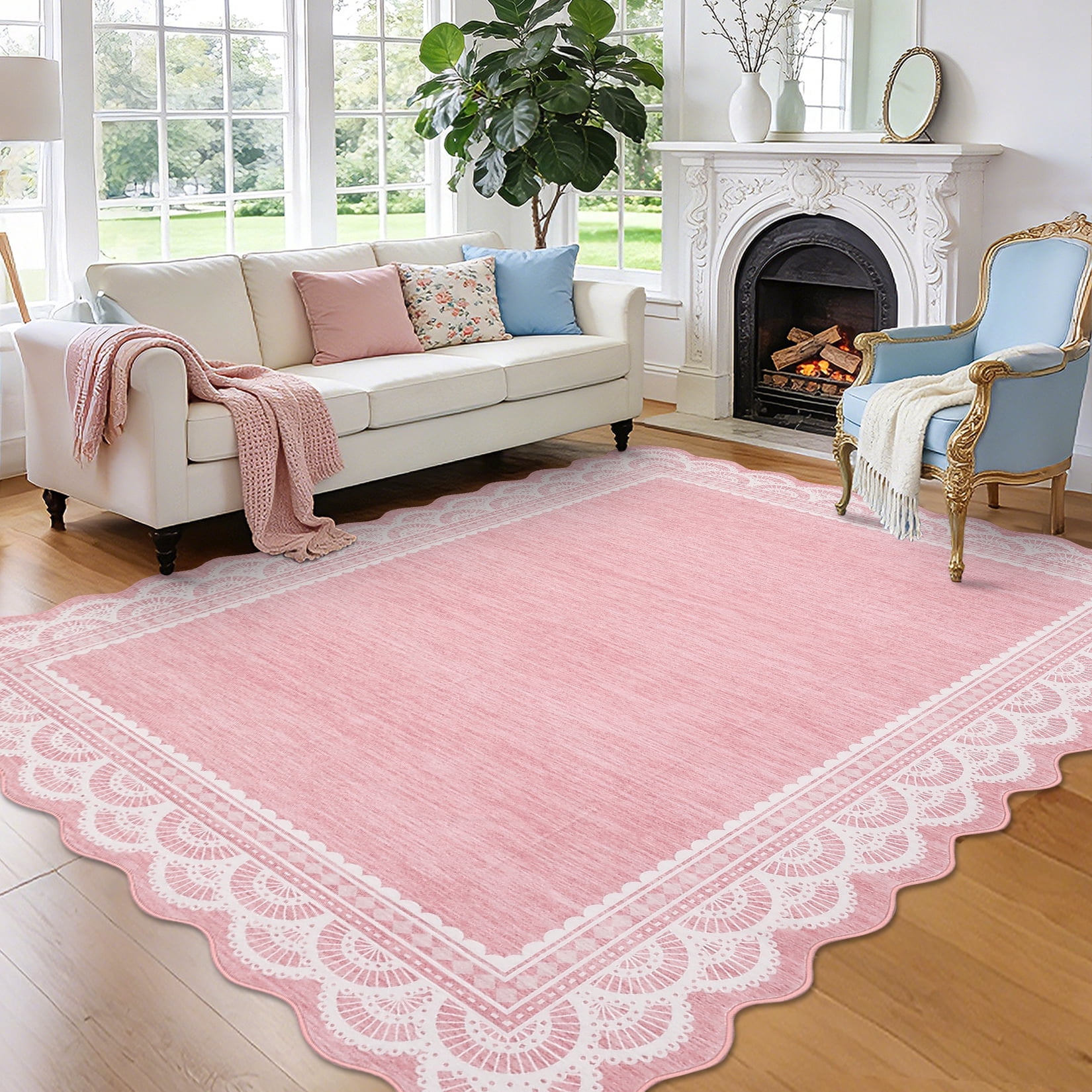 Garvee 5'x7' Scalloped Area Rug Modern Lace Edge Carpet, Washable Solid Rug Non-Slip Low Pile Indoor Mats for Living Room Bedroom Home Decor, Pink
