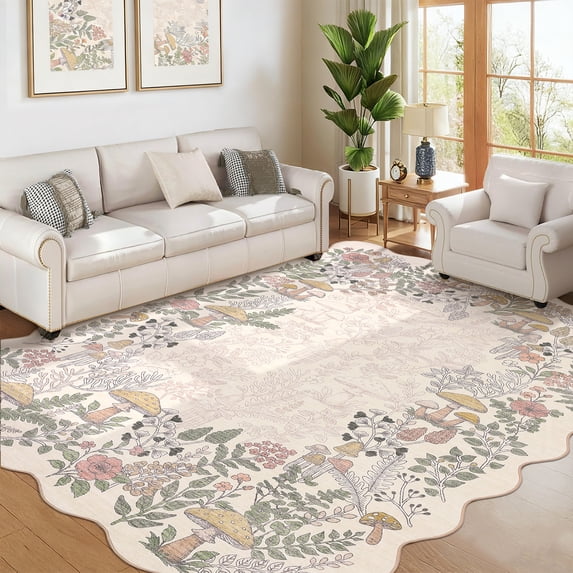 Garvee 5'x7' Scalloped Area Rug Washable Botanical Mushroom Rugs with Non Slip Backing, Low Pile Floral Printed Indoor Carpet for Bedroom Living Room Home Office, Beige