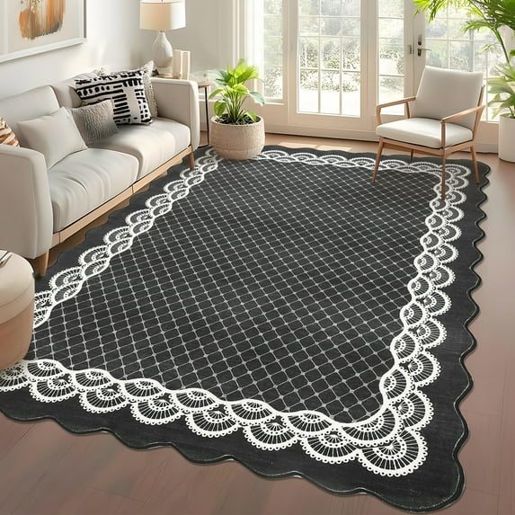 Garvee 5'x7' Scalloped Area Rugs Modern Bordered Carpet, Washable Rug Non-Slip Contemporary Accent Rug Low Pile Indoor Mat for Living Room Bedroom Dining Room, Black