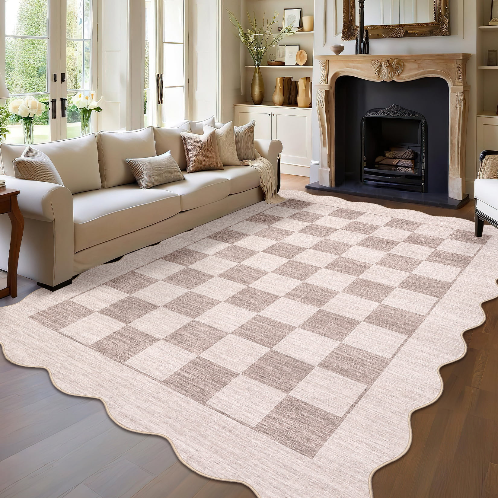 Garvee 5'x7' Scalloped Area Rugs Modern Checkered Carpet, Washable Non-Slip Rug Contemporary Floor Mats for Living Room Bedroom Dining Room, Beige Brown