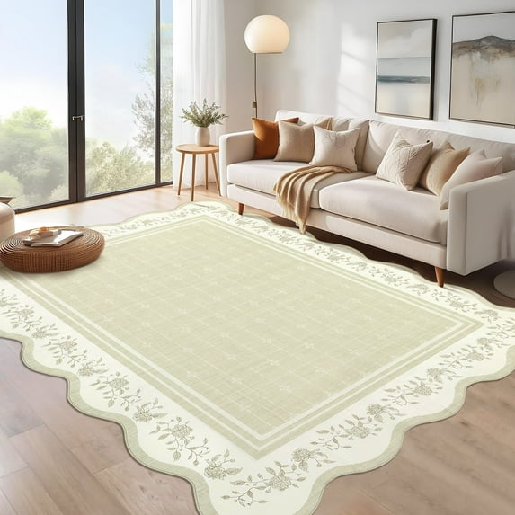 Garvee 5'x7' Scalloped Area Rug Modern Floral Bordered Carpet, Machine Washable Rug with Non Slip Backing Soft Foldable Mat for Living Room Bedroom Dining Room, Beige