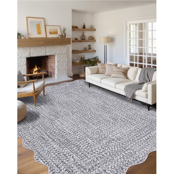Garvee 5'x7' Scalloped Rug Farmhouse Braided Print Carpet, Washable Rug Soft Non Slip Low Pile Rug Indoor Neutral Carpet for Living Room Bedroom Dining Room, Gray