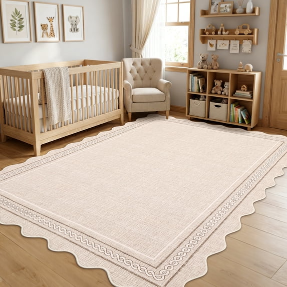Garvee 5'x7' Scalloped Washable Area Rug Solid Border Carpet with Non Slip Backing, Soft Low Pile Rug for Living Room Bedroom Home Office, Beige