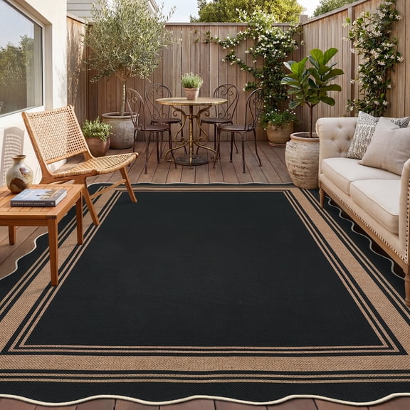 Garvee 5'x7' Scalloped Washable Indoor Outdoor Rug Natural Jute Carpet, Non Slip Low Pile Rug for Patio, Living Room, Bedroom, Home Decor, Black Coffee