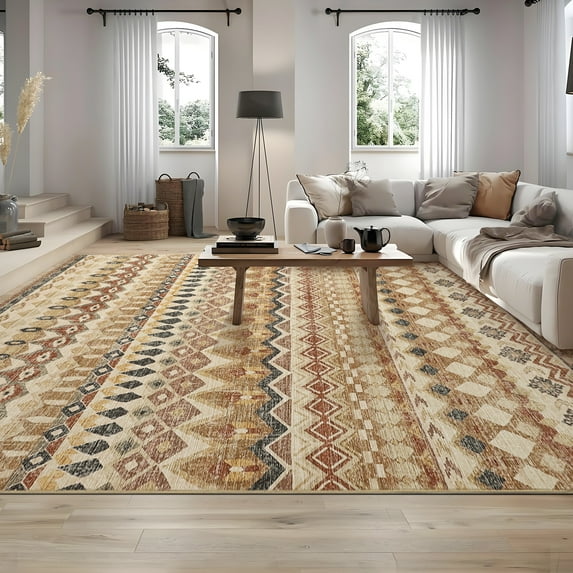 Garvee 5'x7' Vintage Area Rug Geometric Distressed Rugs Stain-Resistant Non Shedding Rug Soft Boho Accent Rugs Home Decor, Brown Beige