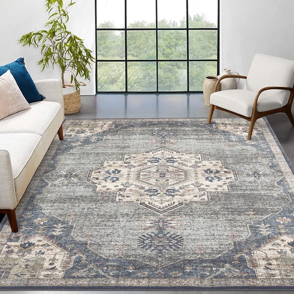 Garvee 5'x7' Vintage Area Rugs for Living Room, Washable Medallion Rugs Low Pile Non Slip Soft Indoor Rug Carpet for Bedroom Dining Room Office Home Decor, Gray & Blue