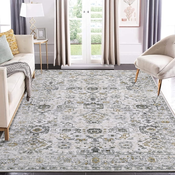 Garvee 5'x7' Vintage Area Rugs, Machine Washable Indoor Rug Non-Slip Carpets for Living Room Bedroom Dining Room Farmhouse, Low Pile Traditional Distressed Rugs, Gray