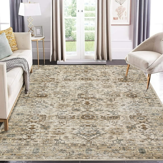 Garvee 5'x7' Vintage Area Rugs, Machine Washable Indoor Rug Non-Slip Carpets for Living Room Bedroom Dining Room Farmhouse, Low Pile Traditional Distressed Rugs, Beige