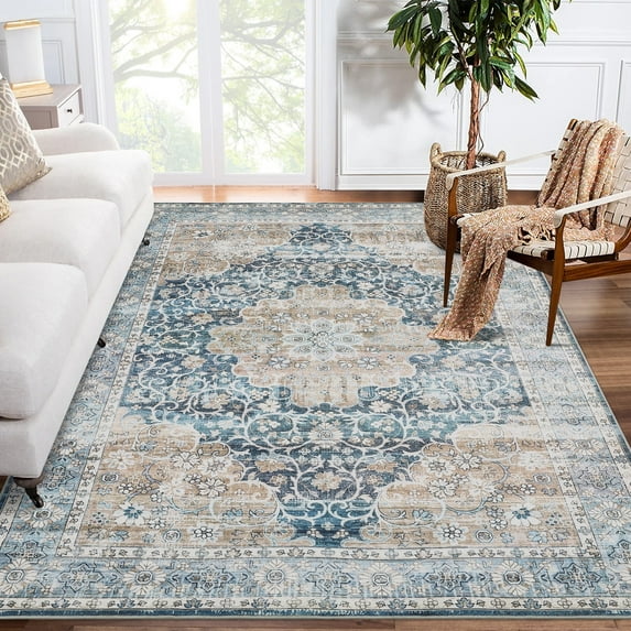 Garvee 5x7 Area Rugs for Living Room, Non Slip Machine Washable Retro Rugs Low Pile Stain Resistant Print Rugs Vintage Soft Nursery Carpet for Bedroom Dining Room Home Office, Blue