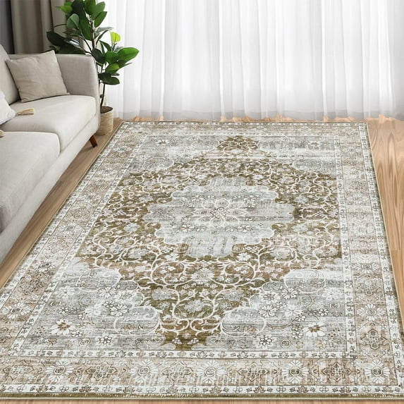 Garvee 5x7 Area Rugs for Living Room, Non Slip Machine Washable Retro Rugs Low Pile Stain Resistant Print Rugs Vintage Soft Nursery Carpet for Bedroom Dining Room Home Office, Khaki