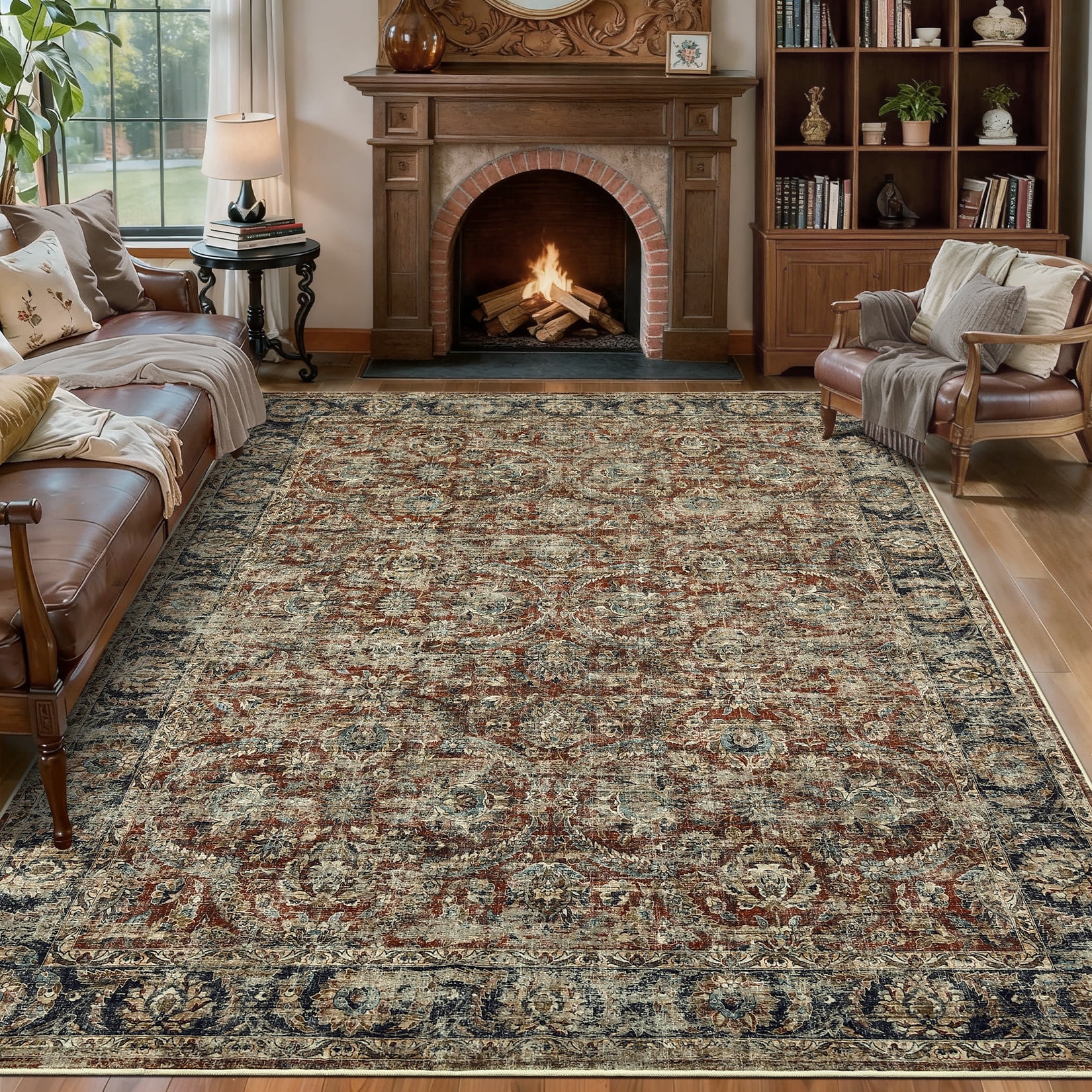 Garvee 5'x7' Vintage Area Rugs Washable Rugs, Non Slip Low Pile Rug Stain Resistant Contemporary Indoor Soft Carpet for Living Room Bedroom Dining Room, Red