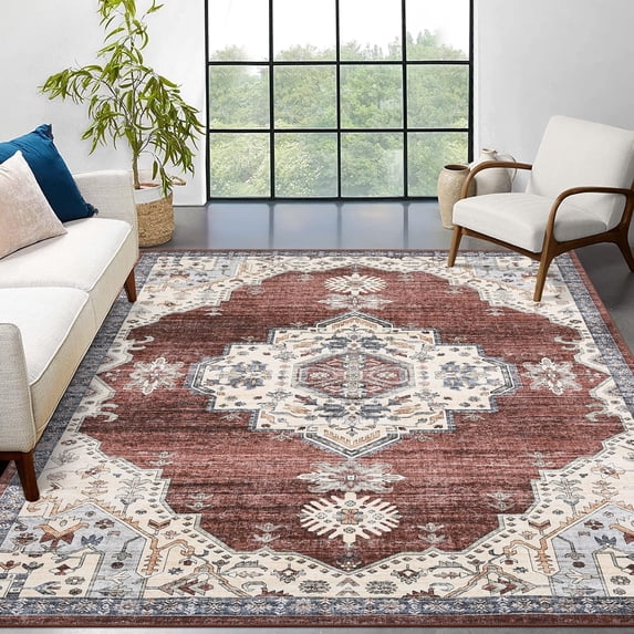 Garvee 5'x7' Vintage Area Rugs for Living Room, Washable Medallion Rugs Low Pile Non Slip Soft Indoor Rug Carpet for Bedroom Dining Room Office Home Decor, Red