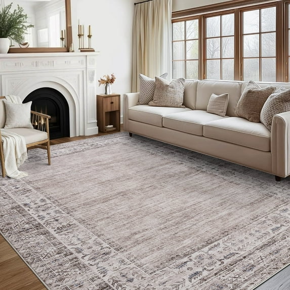 Garvee 5'x7' Vintage Border Area Rug, Non-Slip Washable Rug Traditional Retro Distressed Carpet, Low Pile Foldable Indoor Rug for Living Room Bedroom Dining Room, Camel