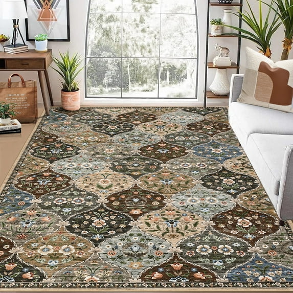 Garvee 5'x7' Vintage Distressed Area Rug Geometric Carpet with Non Slip Backing, Machine Washable Rug Stain Resistant Indoor Rug for Living Room Bedroom Home Office, Brown