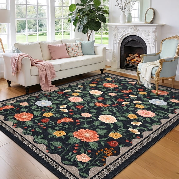 Garvee 5'x7' Vintage Floral Area Rug Living Room Rug, Washable Boho Rugs Non Slip Soft Low Pile Farmhouse Rug Indoor Floor Carpet for Bedroom Dining Room Home Office, Black