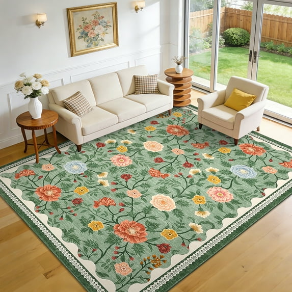 Garvee 5'x7' Vintage Floral Area Rug Living Room Rug, Washable Boho Rugs Non Slip Soft Low Pile Farmhouse Rug Indoor Floor Carpet for Bedroom Dining Room Home Office, Green