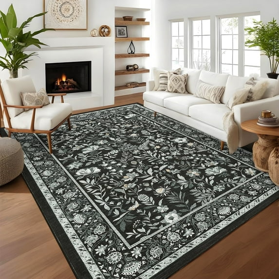 Garvee 5'x7' Vintage Floral Area Rugs Washable Botanical Printed Rugs Carpet, Low Pile Non Slip Oriental Rug Stain Resistant Indoor Rugs for Living Room Bedroom Dining Room, Black