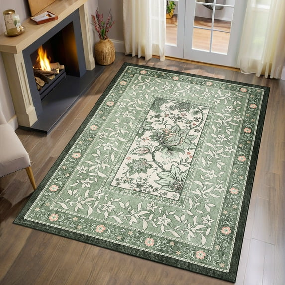Garvee 5'x7' Vintage Floral Print Area Rug Botanical Rugs Living Room Rugs, Washable Rug Bedroom Carpet with Non-Slip Backing Bohemian Floor Mats for Dining Room Home Decor, Green