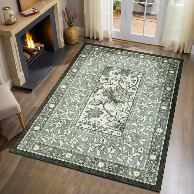 Garvee 5'x7' Vintage Floral Print Area Rug Botanical Rugs Living Room Rugs, Washable Rug Bedroom Carpet with Non-Slip Backing Bohemian Floor Mats for Dining Room Home Decor, Gray