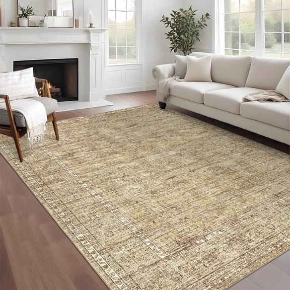 Garvee 5'x7' Vintage Floral Area Rug, Traditional Oriental Distressed Carpet, Machine Washable Non Slip Low Pile Stain Resistant Indoor Rug for Living Room Bedroom Dining Room Home Decor, Beige