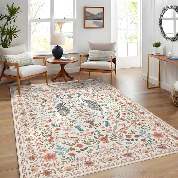 Garvee 5'x7' Vintage Peacock Deer Floral Area Rug Animal Print Soft Carpet, Washable Non‑Slip Rug for Living Room Dining Room Bedroom, Beige