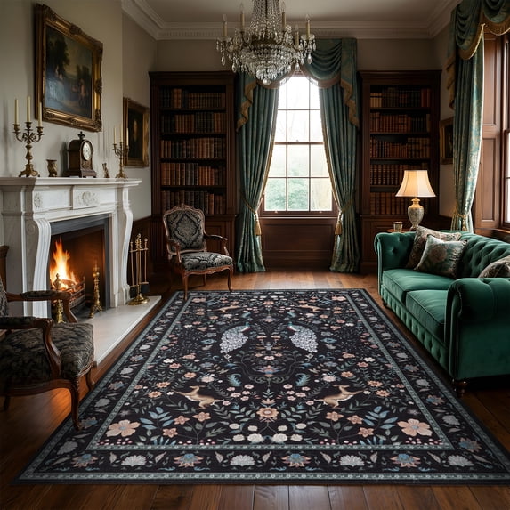 Garvee 5'x7' Vintage Peacock Deer Floral Area Rug Animal Print Soft Carpet, Washable Non‑Slip Rug for Living Room Dining Room Bedroom, Black