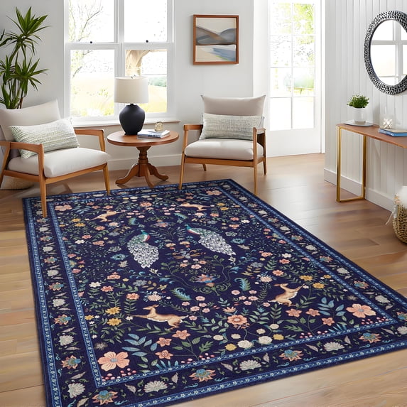 Garvee 5'x7' Vintage Peacock Deer Floral Area Rug Animal Print Soft Carpet, Washable Non‑Slip Rug for Living Room Dining Room Bedroom, Blue