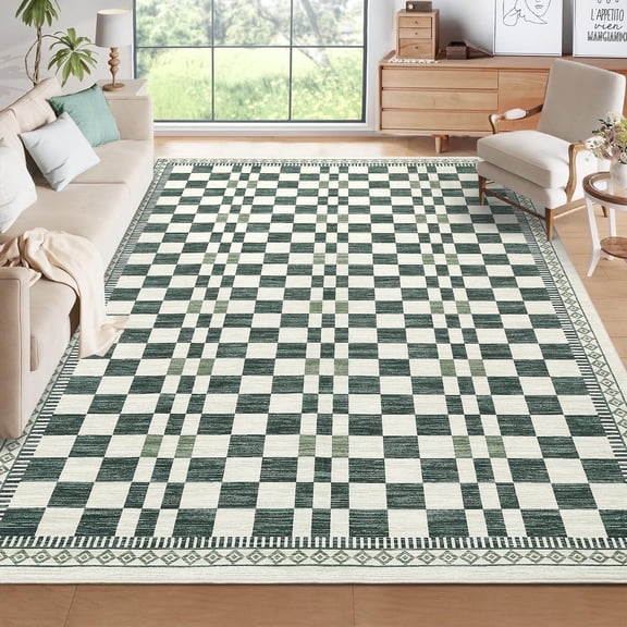 Garvee 5'x7' Checkered Area Rug Farmhouse Washable Rug, Soft Non-Slip Rugs Stain-Resistant Geometric Indoor Carpet for Living Room Bedroom Playroom, Green