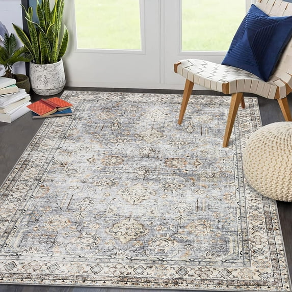 Garvee 5'x7' Washable Boho Area Rug Retro Floral Distressed Rug Low Pile Stain-Resistant Non-Slip Floor Cover Home Floor Decor, Light Gray Blue