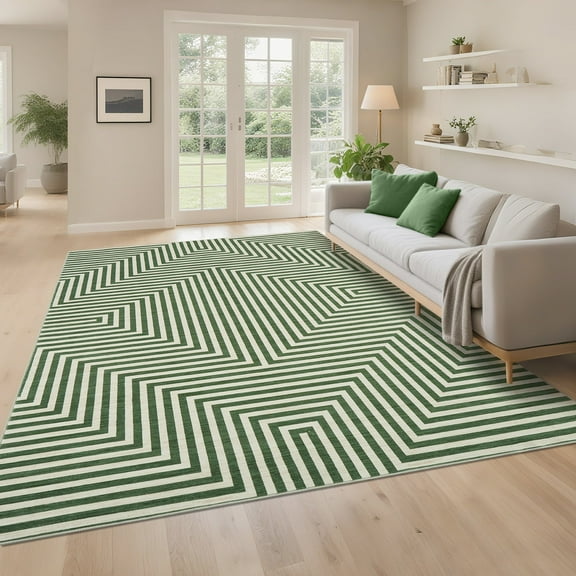 Garvee 5'x7' Washable Rugs Modern Abstract Striped Area Rugs, Non-Slip Contemporary Accent Rug Low Pile Indoor Geometric Carpet for Living Room Bedroom Dining Room, Green