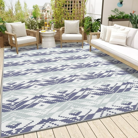 Garvee 5'x8' Indoor Outdoor Area Rugs, Waterproof Modern Print Pattern Non Slip Floor Carpet, Stain Resistant Carpet For Living Room Bedroom Backyard Patio, Blue and White