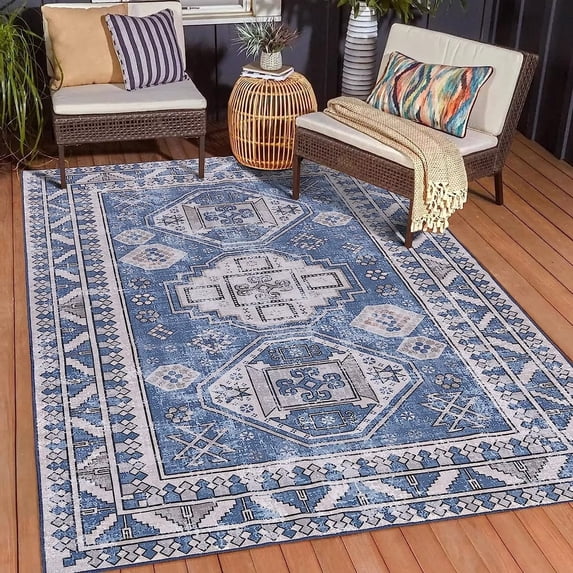 Garvee 5'x8' Living Room Area Rug Washable Vintage Distressed Persian Area Rugs Traditional Farmhouse Boho Chic Carpet, Navy Blue/Gray