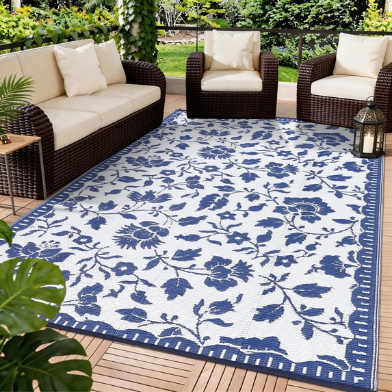 Garvee 5'x8' Outdoor Rug Waterproof Floral Camping Carpet, Reversible Plastic Straw Rug Outdoor Rug for Patio RV Balcony Backyard, Dark Blue