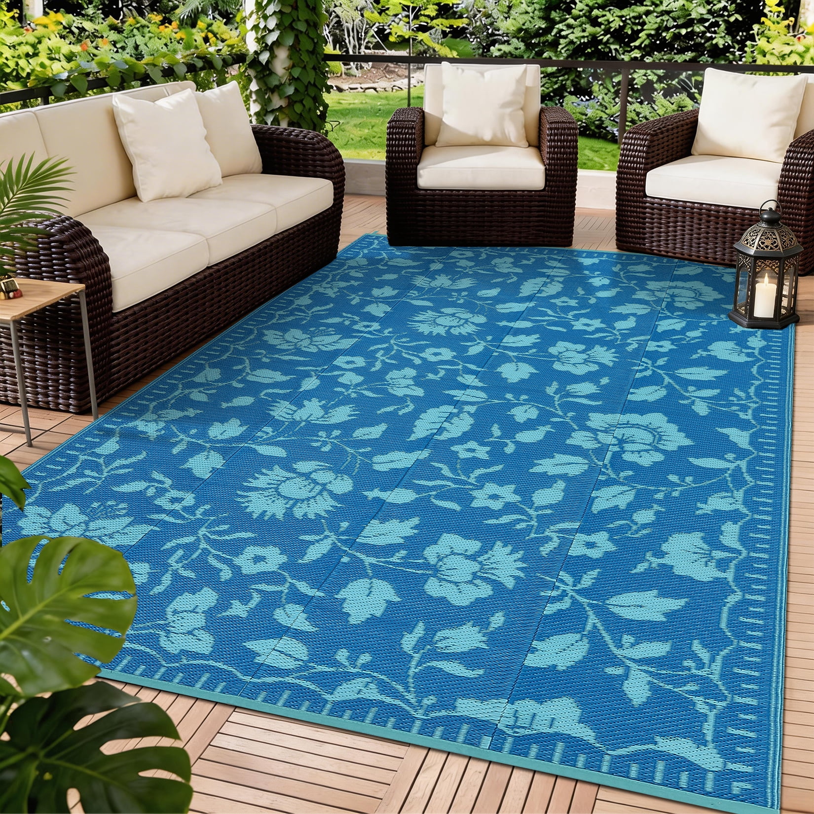 Garvee 5'x8' Outdoor Rug Waterproof Floral Camping Carpet, Reversible Plastic Straw Rug Outdoor Rug for Patio RV Balcony Backyard, Navy Blue