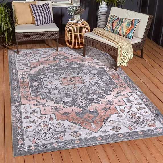 Garvee 5'x8' Vintage Persian Distressed Area Rug Washable Living Room Bedroom Area Rugs Farmhouse Boho Chic Carpet, Orange and Gray