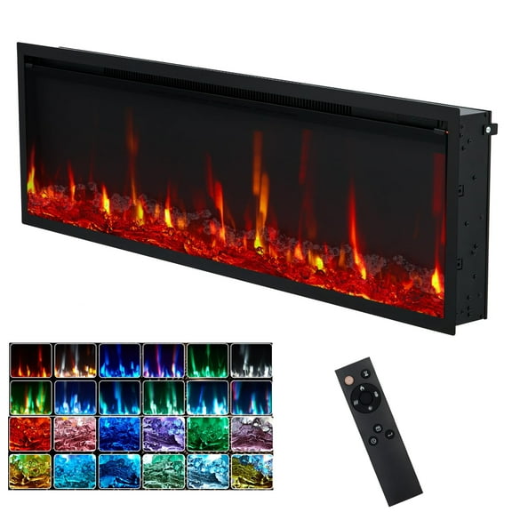 Garvee 50" Electric Fireplace Heater with Remote Control and 12 Color Flames, Wall Mounted/Recessed, 750W/1500W, Black
