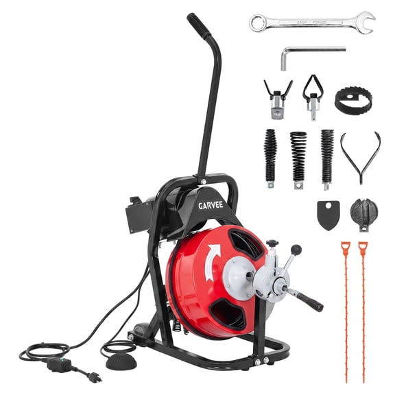 Garvee 50FT 3/8 Inch Electric Drain Cleaner Machine, Auto Feed Sewer Snake Auger for 2–4 Inch Pipes, with 4 Cutters, Air Foot Switch & Semi-Enclosed Drum