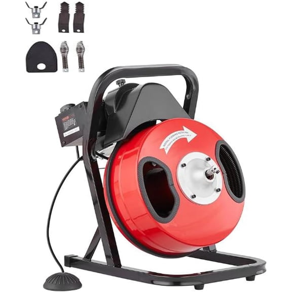 Garvee 50FT x 1/2 Inch Steel Core Cable Drain Cleaner Machine, Portable Electric Sewer Auger with Cutter, Air-Activated Foot Switch, for Commercial & Home Use