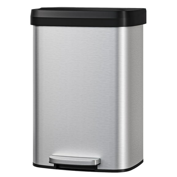 Garvee 50L Step-on Trash Can for Kitchen, with Liner Rim & Soft Close Plastic Lid, Silver