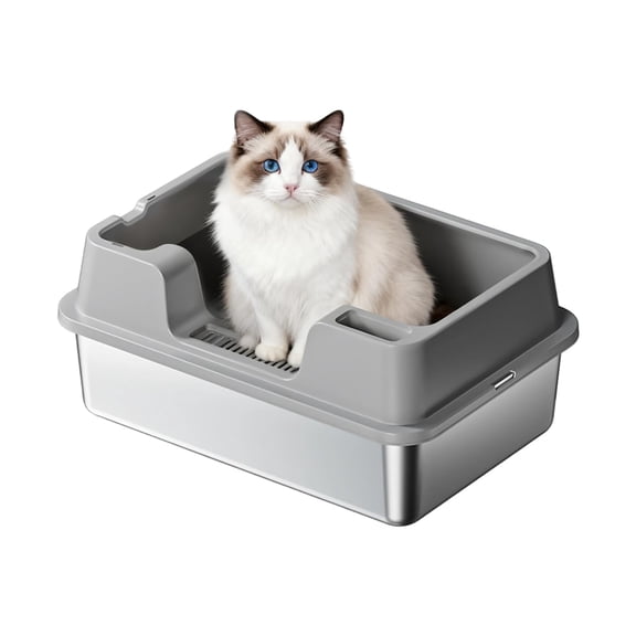 Garvee 50cm Semi-Closed Cat Litter Box, PP & Stainless Steel Design, 50*35*22CM Grey
