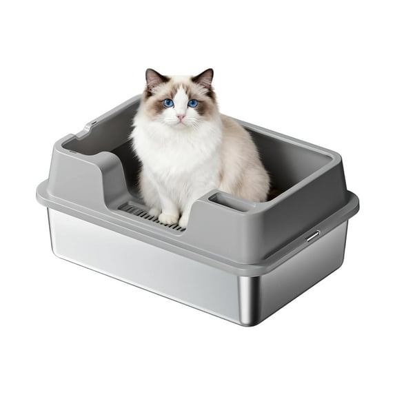 Garvee 50cm Semi-Closed Cat Litter Box, PP & Stainless Steel Design, 50*35*27CM Grey