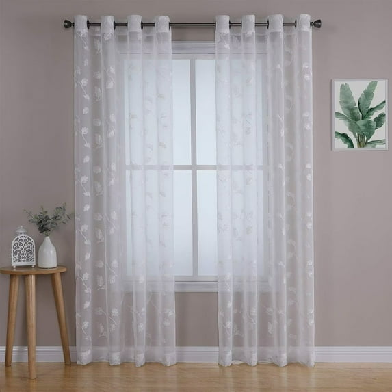 Garvee 52"W x 63"L White Sheer Curtains Leaf Embroidery Voile Sheer Curtains, Botanical Embroidered Semi Sheer Window Curtains for Living Room Bedroom, 2 Panels