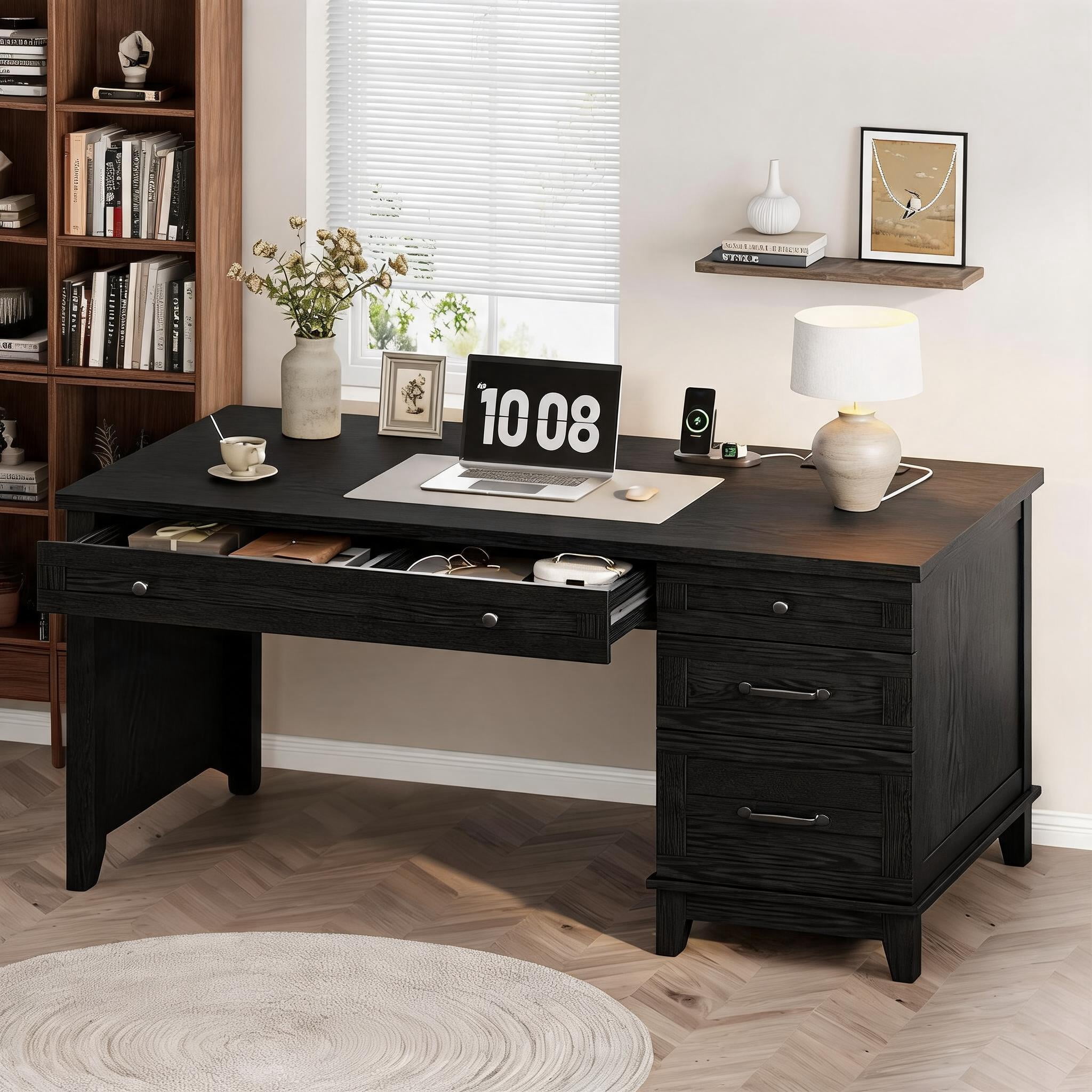 Garvee 53.5" Farmhouse Executive Office Desk with Power Outlets and USB Ports, Wooden Writing Table with Storage Drawers and Adjustable File Cabinet-Black