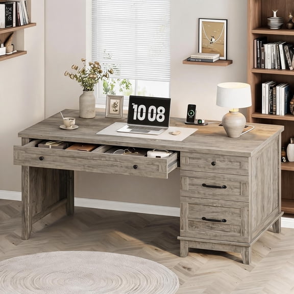 Garvee 53.5" Farmhouse Executive Office Desk with Power Outlets and USB Ports, Wooden Writing Table with Storage Drawers and Adjustable File Cabinet-Gray