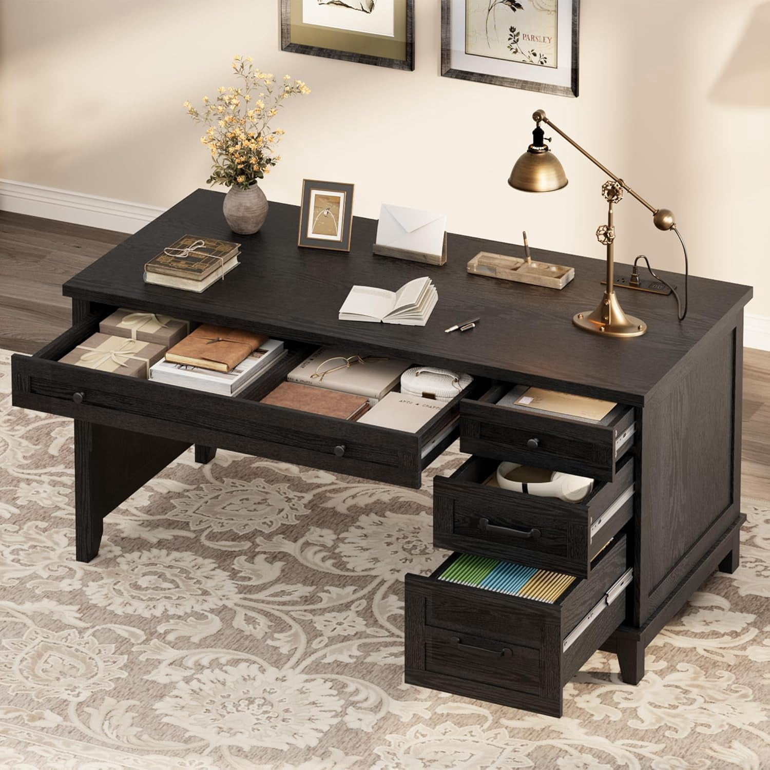 Garvee 53.5" Farmhouse Office Desk with Charging Station - Wooden Executive Computer Desk with File Drawer & USB Ports - Large Home Office Workspace-Black